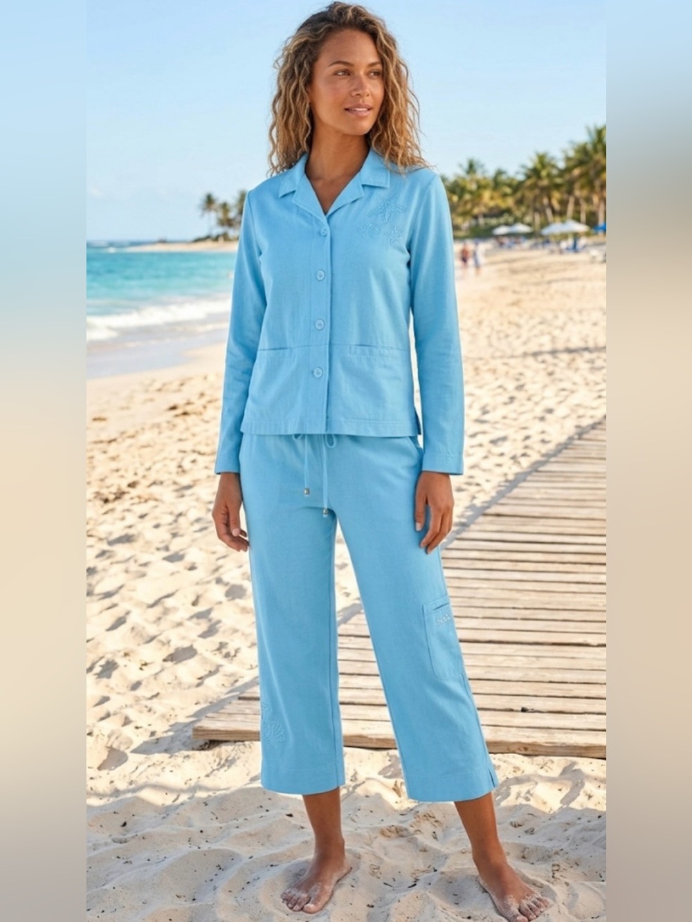VTG 90s Weekend Clothes Line Inc. Beachy Coastal Blue 2-Pc Lounge Set M/XL